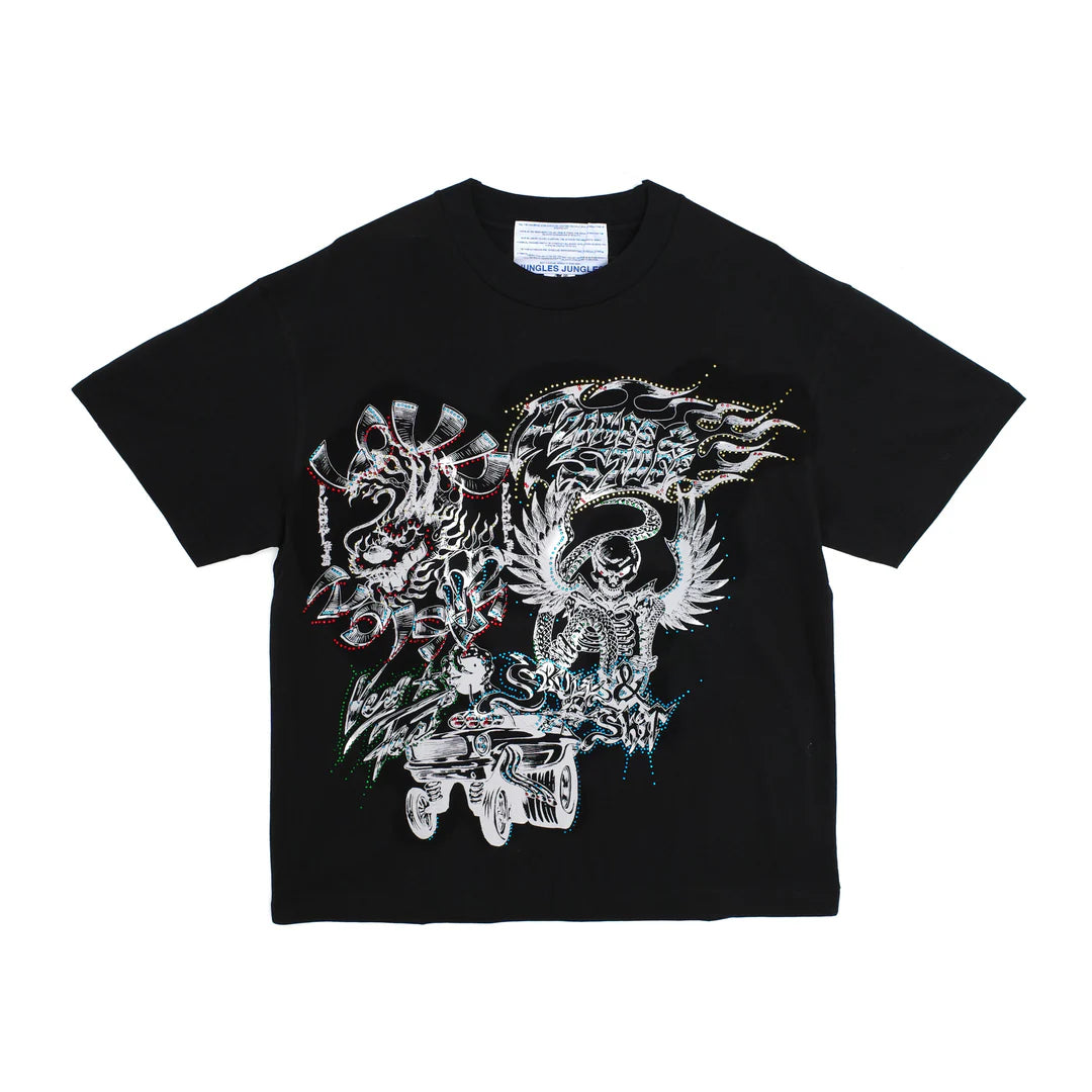 Jungles Flames & Stuff Rhinestone Tee | Algodón 220 GSM | Estampado Skulls & Flames | Corte Boxy Rebelde